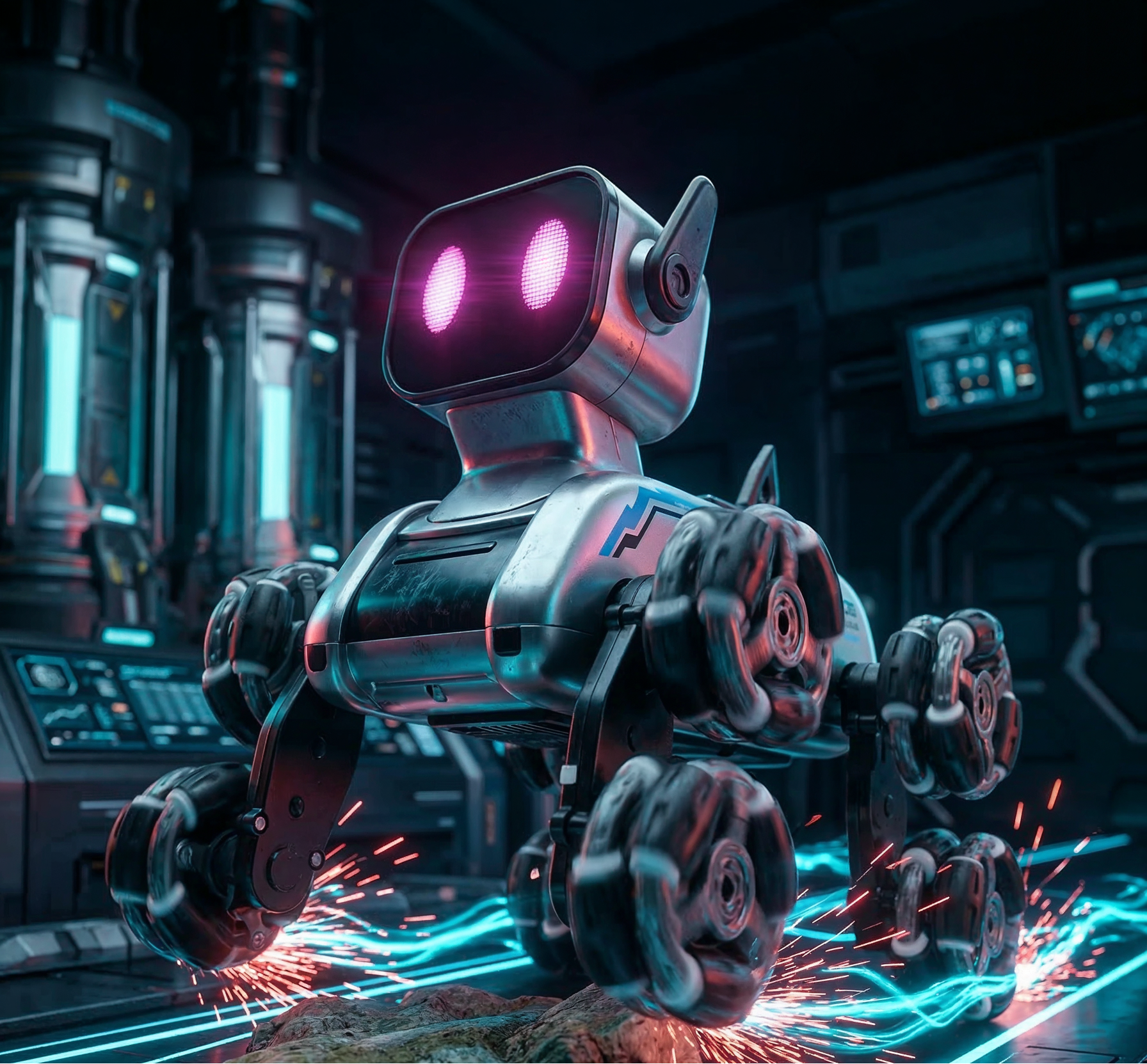 Robotic figure with glowing eyes in a futuristic setting